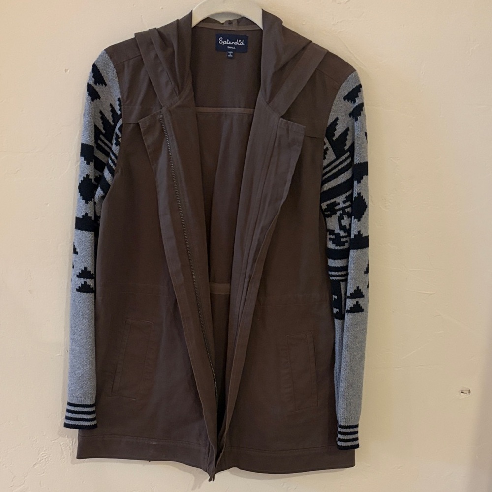 Splendid Olive Green Jacket with Black and Gray Patterned Sleeves Size S